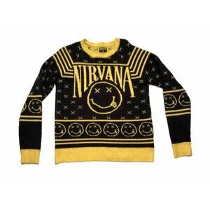 Nirvana Crew Neck Knitted Sweater Yellow Black Small Smiley Face Cobain Grunge